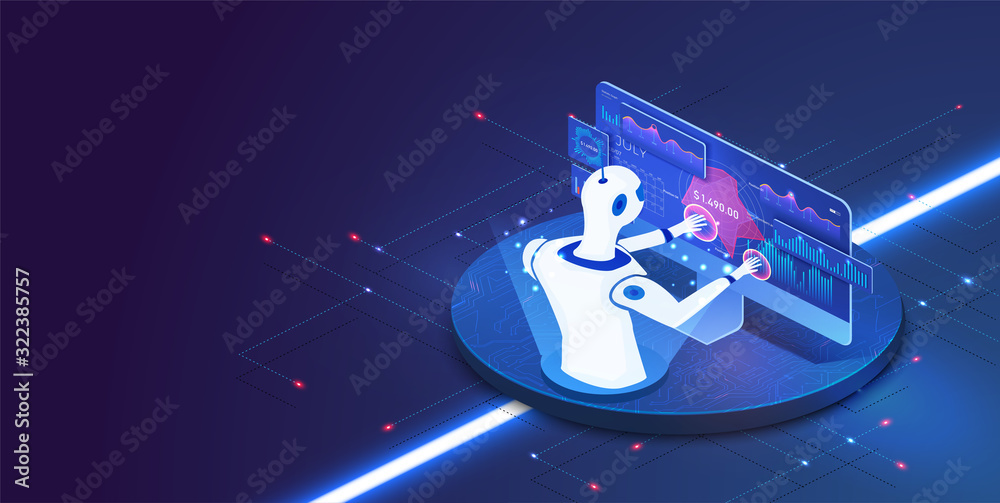 Poster isometric maintenance robot working with digital display. robot trading on stock market. computer so