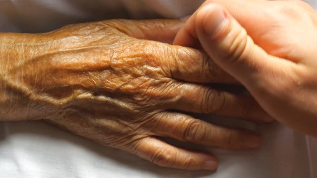 Worried man taking and gently stroking hand of his sick mother showing care or love. Son comforting wrinkled arm of elderly mom lying at bed. Guy giving support to his old parent. Top view Close up