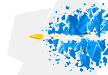 Vector illustration of a bullet flying, leaving a trail of broken glass, glass fragments from the shot