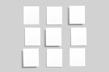 Mood-board composition, boards of inspiration, stories and photos template with blank frames soaring in the air and isolated on grey for easy editing as template.
