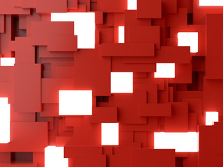 Abstract 3d illustration background made of red geometric elements, cubes, boxes with light objects, 3d render