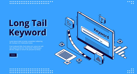 Long tail keyword isometric landing page. Seo research tool curve graph and browser on pc desktop computer monitor. Engine optimization, analysis service 3d vector illustration, web banner, line art - obrazy, fototapety, plakaty