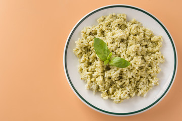 Rice with basil pesto sauce