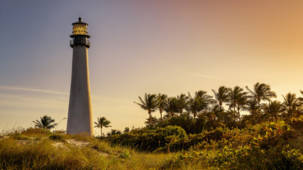 cape florida lighthouse while sunset, miami - obrazy, fototapety, plakaty