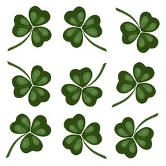 Clover trefoil white background. Isolated green leaves - elegant decor for wrapping paper for St. Patricks Day. Bright pages for a diary, notebook or scrapbooking.