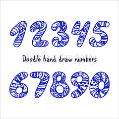 Hand drawn numbers set. Doodle font. Collection of numbers in blue colours. Vector illustration