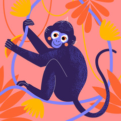 Cute cartoon Monkey in tropical jungle. Wild rainforest animal vector poster.  Hand drawn colorful design. Vector illustration