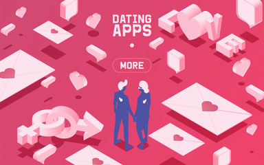 Vector Isometric illustration of dating application website template with couple in love.