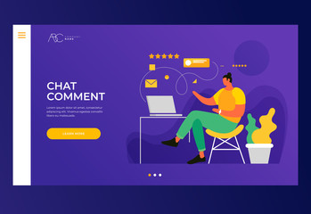 Cartoon man writes comments in the chat. Page layout template. A male blogger is working on a laptop. Communication online on social networks via the Internet. Chat comment. Vector flat illustration.