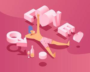 Vector isometric illustration of happy laying man with wine bottle and glass of wine, choosing a couple.