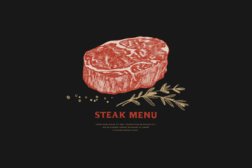 Raw Chuck steak vector illustration. Hand-drawn piece of meat cut and rosemary branches on black background. Concept of fresh farm products. Design element for butcher shop, market, restaurant.