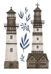 Obraz premium Watercolor set with cute isolated lighthouses. Illustration for stickers, posters, baby fabrics, cards, prints
