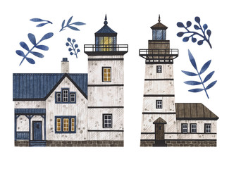 Watercolor set with cute isolated lighthouses. Illustration for stickers, posters, baby fabrics, cards, prints