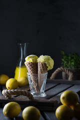 Delicious homemade ice cream in waffle cups. Lemon gelato