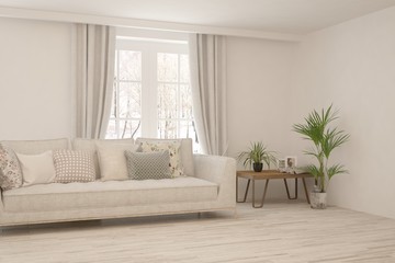 Stylish room in white color with sofa. Scandinavian interior design. 3D illustration