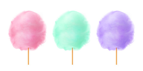 Cotton candy set. Realistic pink green purple cotton candies on wooden sticks. Summer tasty and sweet snack for children. 3d vector realistic illustration isolated on white background
