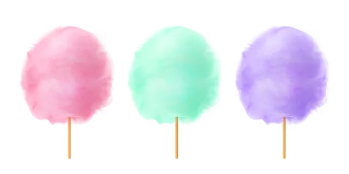 Cotton candy set. Realistic pink green purple cotton candies on wooden  sticks. Summer tasty and sweet snack for children. 3d vector realistic  illustration isolated on white background Stock Vector