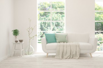 Stylish room in white color with sofa and summer landscape in window. Scandinavian interior design. 3D illustration