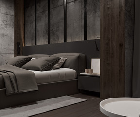 Dark black bedroom with grey bed on wood and concrete wall. 3d image