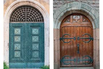 two wooden door with a beautiful decorative metal lattice in the historic part of Lisbon