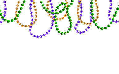 Multi color 3D gold, green, purple beads isolated on white background. Set for Celebratory Design, Xmas Holiday, greeting card. Mardi gras decorations, design element. vector illustration