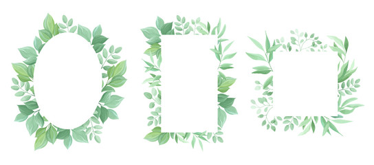 Green leaves frame template set. Floral border. Vector illustration.