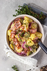 Traditional German potato salad with cucumber, onion and bacon prepared in Swabian-Style (Southern...