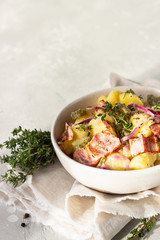 Traditional German potato salad with cucumber, onion and bacon prepared in Swabian-Style (Southern Germany). Kartoffelsalat.