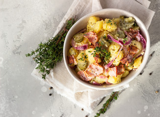 Traditional German potato salad with cucumber, onion and bacon prepared in Swabian-Style (Southern Germany). Kartoffelsalat.