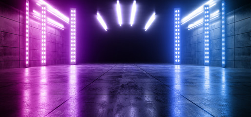 Sci Fi Neon Futuristic Underground Podium Car Parking Corridor Concrete Cement Asphalt Purple Blue Glowing Laser Lights Led Night Club Stage Garage  Showroom Alien Cyber 3D Rendering