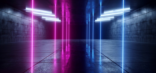 Sci Fi Neon Futuristic Underground Podium Car Parking Corridor Concrete Cement Asphalt Purple Blue Glowing Laser Lights Led Night Club Stage Garage  Showroom Alien Cyber 3D Rendering