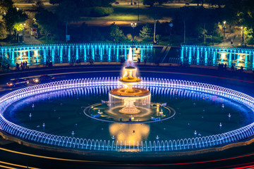 Aerial view of the famous city fountain illuminated by lights and multimedia show in Bucharest...