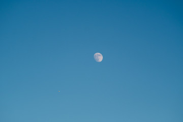 White moon against the blue sky. Full moon in the afternoon. Satellite of the planet earth. Blue skies on a frosty winter day.