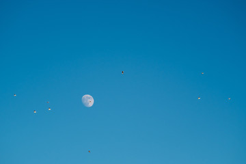 White moon against the blue sky. Full moon in the afternoon. Satellite of the planet earth. Blue skies on a frosty winter day.