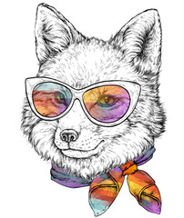 Hand drawn portrait of FOX in glasses with bow tie. Vector illustration isolated on white