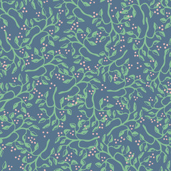 Branches with leaves and berries seamless vector pattern in calm colors. Nature themed surface print design. Great for stationery, fabric and packaging.