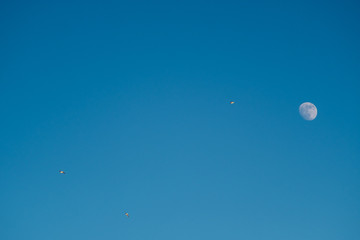 White moon against the blue sky. Full moon in the afternoon. Satellite of the planet earth. Blue skies on a frosty winter day.