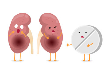 Sad suffering sick kidney with drug medicine tablet characters. Human anatomy genitourinary system internal unhealthy organ with tablet. Vector cartoon illustration
