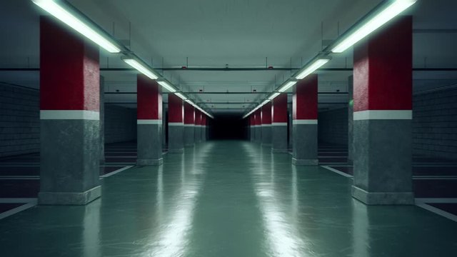 Walking through an empty underground parking garage.  industrial interior. Loopable 4K ProRes cinematic CG animation.
