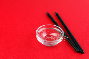 Acupuncture needles. Silver needles for traditional acupuncture. Close-up. There is some free space for your text or sign.