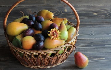 Wicker basket with pears and plums on a brown background.