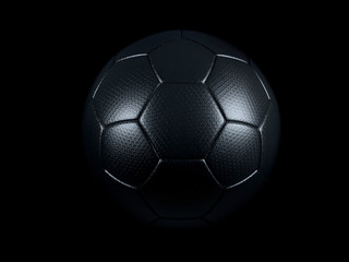 Black football or soccer ball against black background.