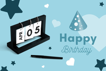 April 5th calendar for anniversary. Day 5 of month. Birthday card message for print.