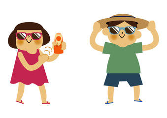  日焼け止めを塗る男の子と女の子。 夏のイラストレーション。