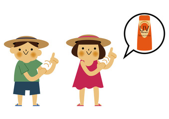  日焼け止めを塗る男の子と女の子。 夏のイラストレーション。