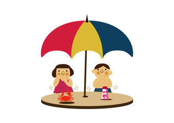  日焼け止めを塗る男の子と女の子。 夏のイラストレーション。