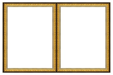 Double golden frame (diptych) for paintings, mirrors or photos isolated on white background