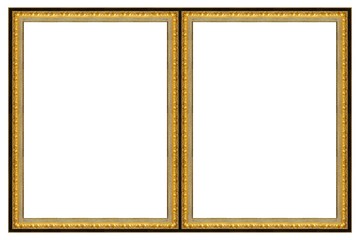 Double golden frame (diptych) for paintings, mirrors or photos isolated on white background