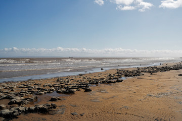 Fototapeta na wymiar Beach at Lavernock point, Wales UK Coast, Scenic Welsh British coastline