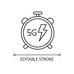 5G stopwatch pixel perfect linear icon. High performance. Low latency connection. Data exchange. Thin line customizable illustration. Contour symbol. Vector isolated outline drawing. Editable stroke